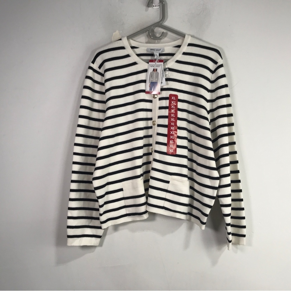 Nine West Striped Long Sleeve Cardigan, Women's Size XL - Black/White